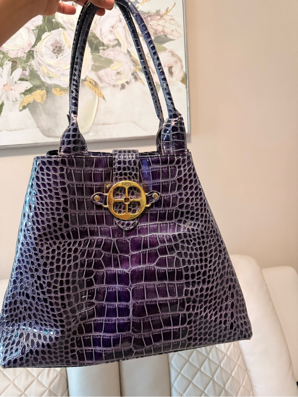 IMAN Purple Croc-Embossed Tote with Gold-Tone Medallion